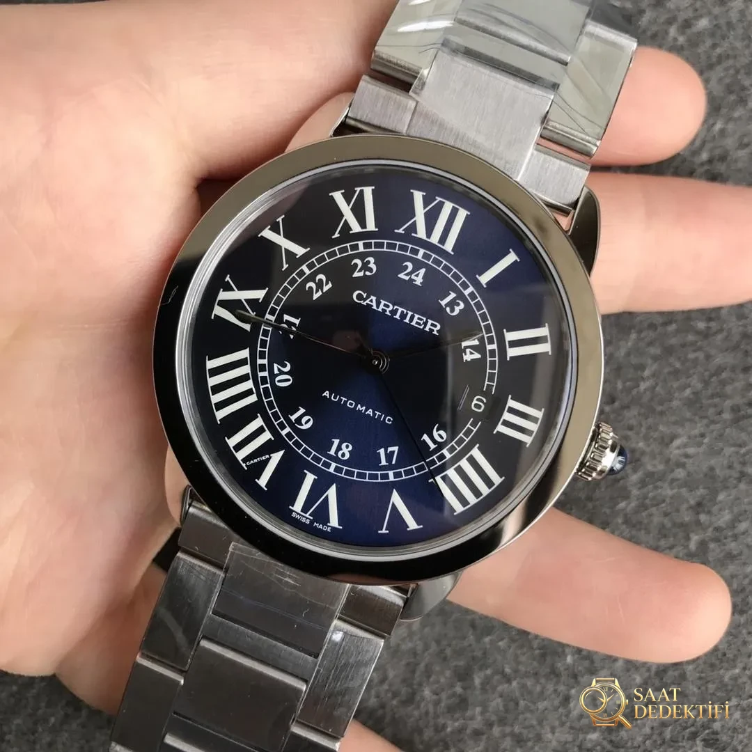 AF Factory Cartier Londra RONDE erkek 42 mm serisi mavi kadranlı çelik bilezik - Kasa Profili ve Kurma Kolu İncelemesi