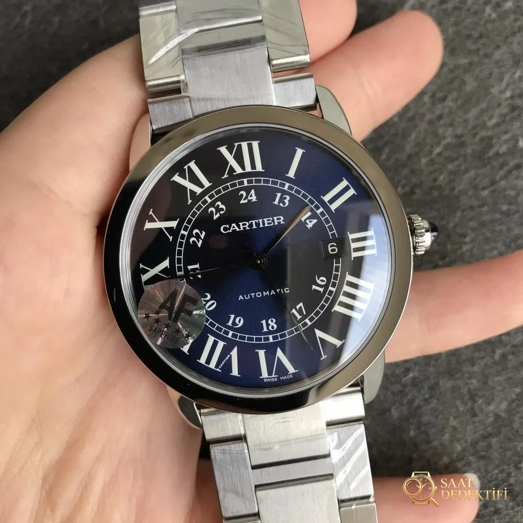 AF Factory Cartier Londra RONDE erkek 42 mm serisi mavi kadranlı çelik bilezik - Arka Kapak ve Mekanizma Detayı