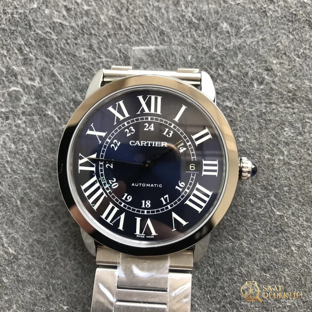 AF Factory Cartier Londra RONDE erkek 42 mm serisi mavi kadranlı çelik bilezik - Klips Kilidi ve Lazer Damgalar