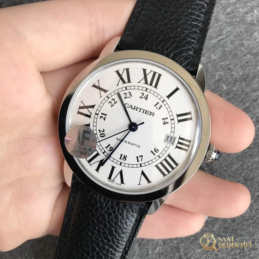 AF Factory Cartier Londra RONDE erkek 42 mm serisi, TOGO deri çabuk sökülen kayışlı - Kasa Profili ve Kurma Kolu İncelemesi