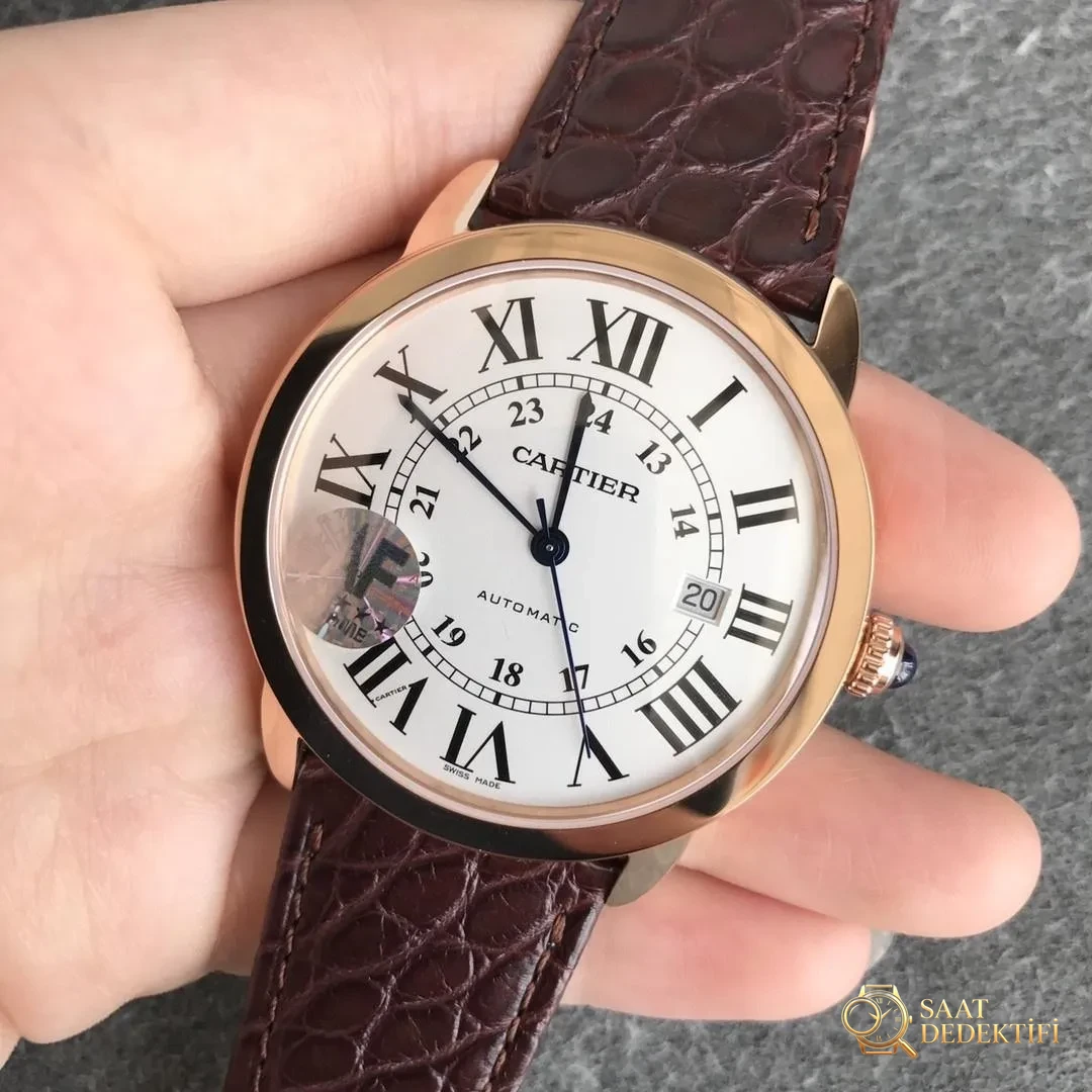 AF Factory Cartier Ronde de Cartier London Erkek 42 mm Serisi Rose Altın Kasa Kahverengi Timsah Derisi - Kasa Profili ve Kurma Kolu İncelemesi
