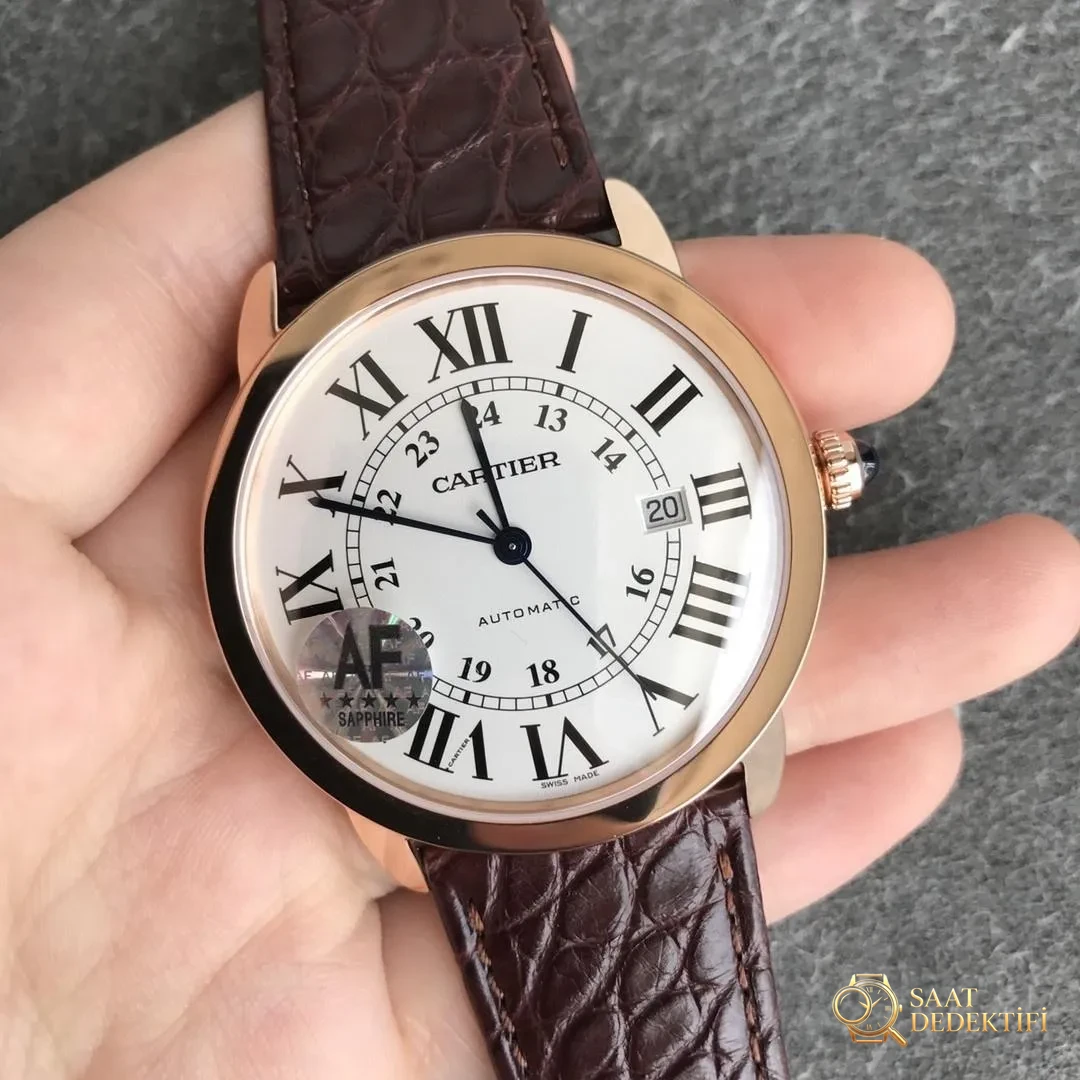 AF Factory Cartier Ronde de Cartier London Erkek 42 mm Serisi Rose Altın Kasa Kahverengi Timsah Derisi - Arka Kapak ve Mekanizma Detayı