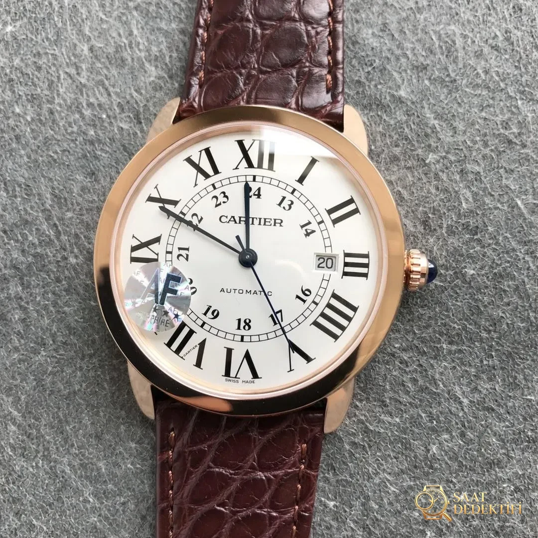AF Factory Cartier Ronde de Cartier London Erkek 42 mm Serisi Rose Altın Kasa Kahverengi Timsah Derisi - Klips Kilidi ve Lazer Damgalar