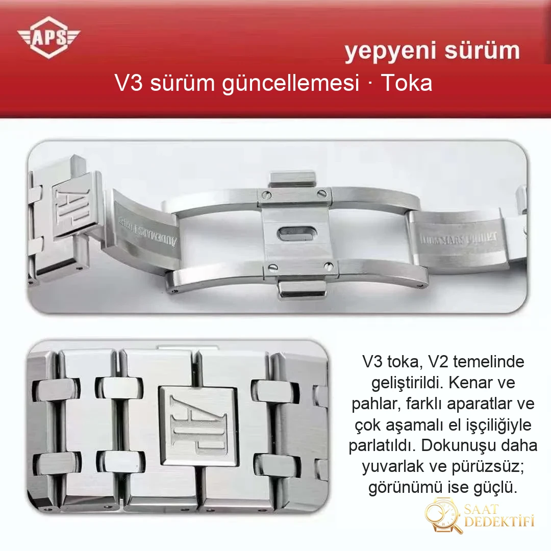 APS Audemars Piguet 15400 V3 versiyonunda tek parça 3120 mekanizması şu noktalarda yükseltildi - Bilezik, Toka ve Klips Mekanizması