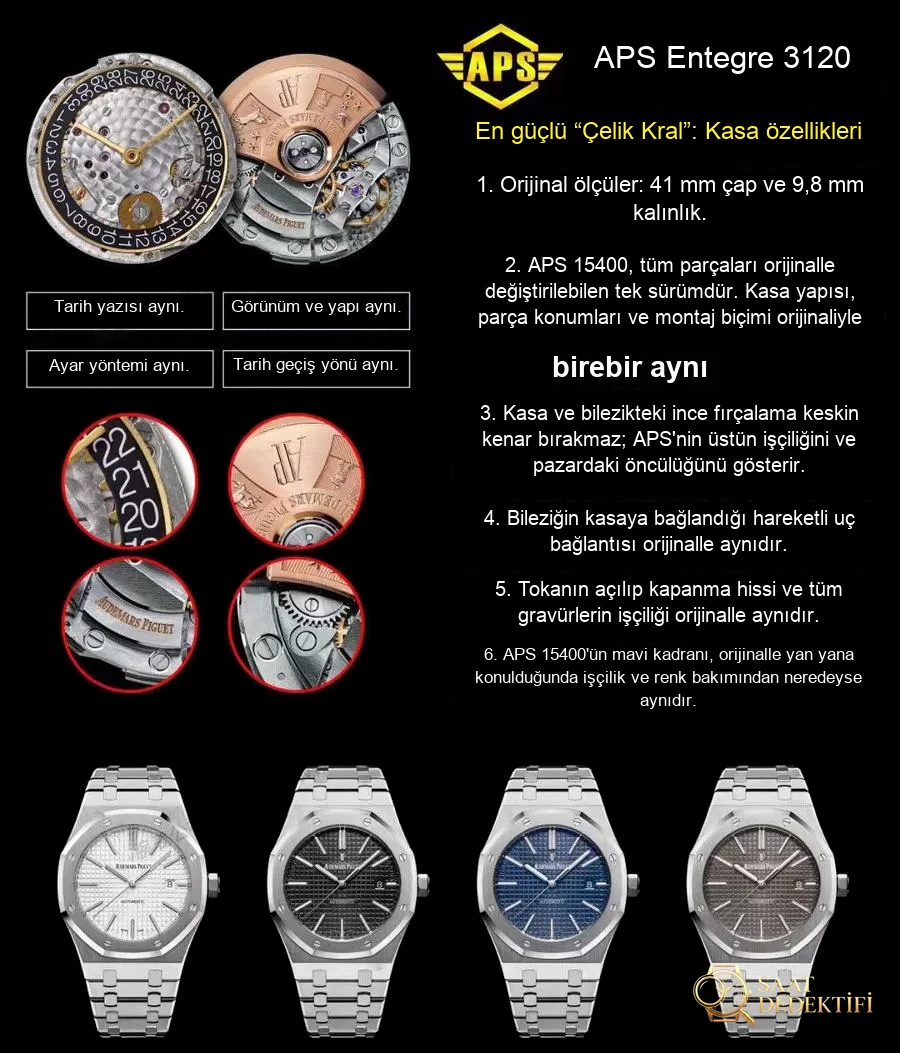 APS Royal Oak 15400 karşılaştırma panosu: özet kart, 41 mm ve 9,8 mm ölçüler
