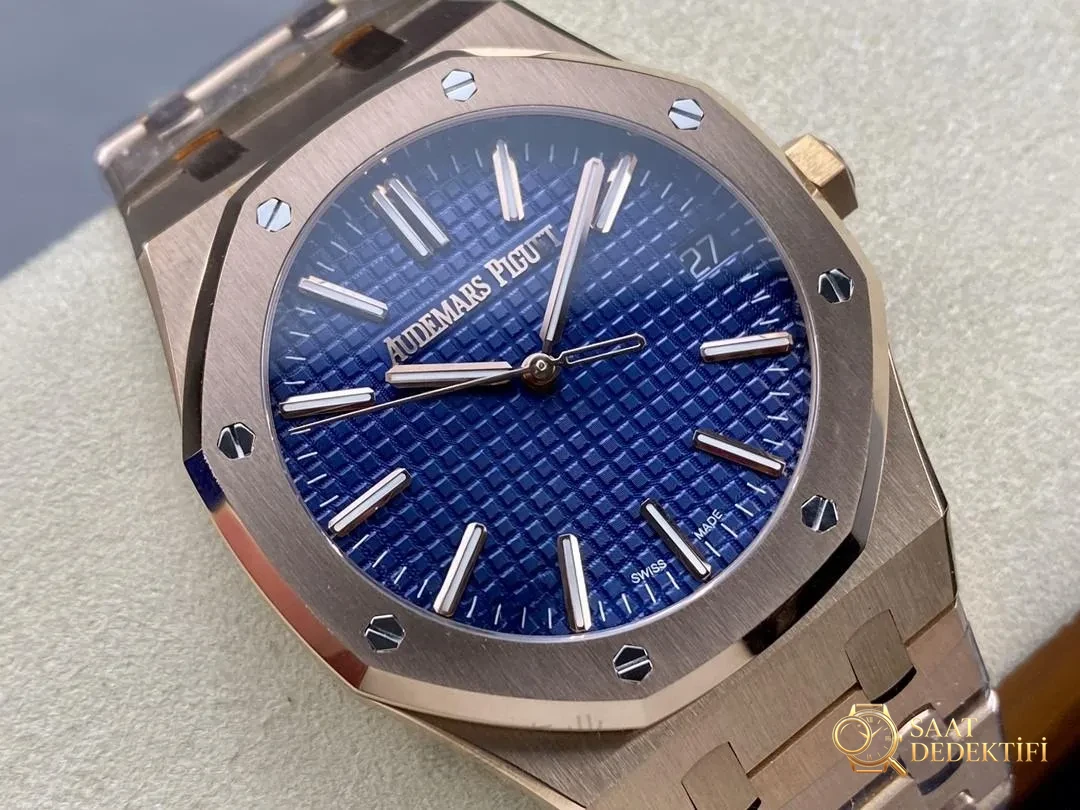 APS Factory Audemars Piguet 15510OR Rose Gold Mavi Kadran Replika Kalitesi Nasıl? - Kadran Detayı ve Bezel İşçiliği