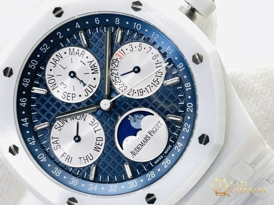 APS Factory Audemars Piguet Royal Oak Perpetual Calendar beyaz seramik saat incelemesi - Kadran Detayı ve Bezel İşçiliği