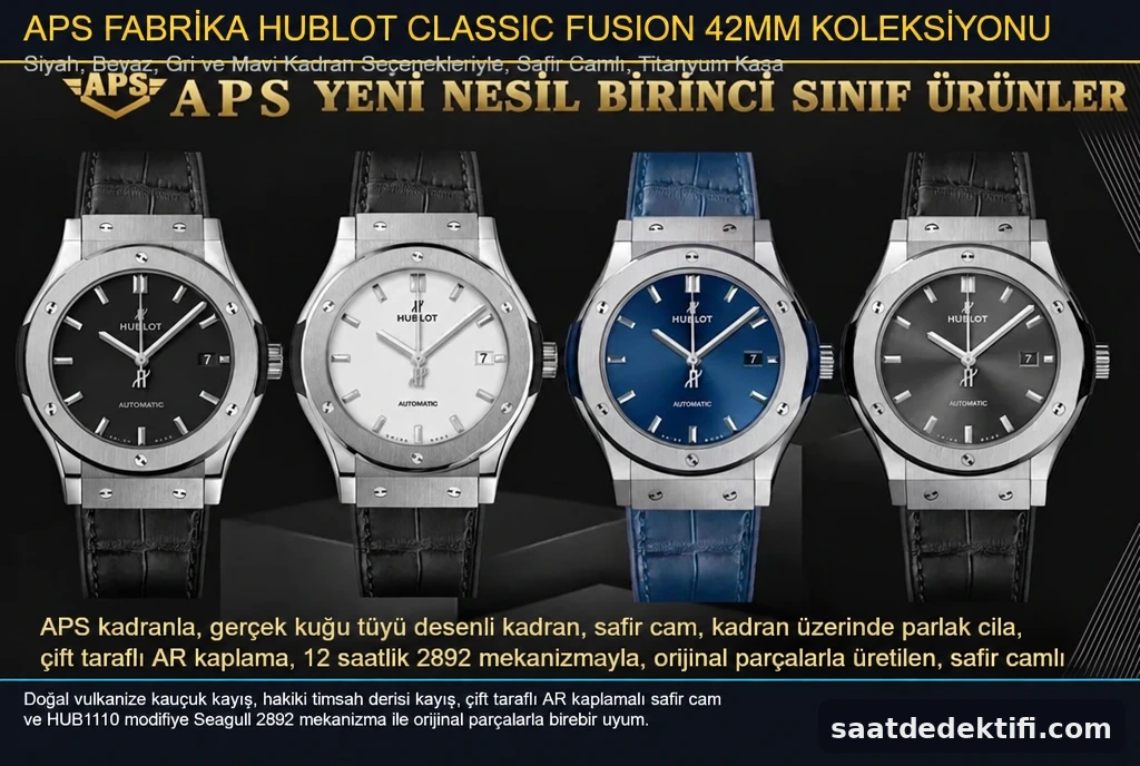 APS Factory Hublot Classic Fusion serisinin siyah, beyaz, mavi ve füme gri kadran seçenekleri