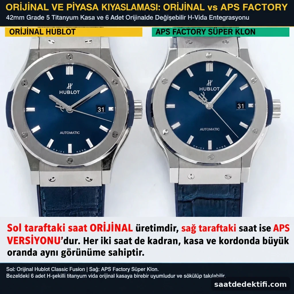Orijinal Hublot Classic Fusion ile APS Factory super clone ön yüz karşılaştırması