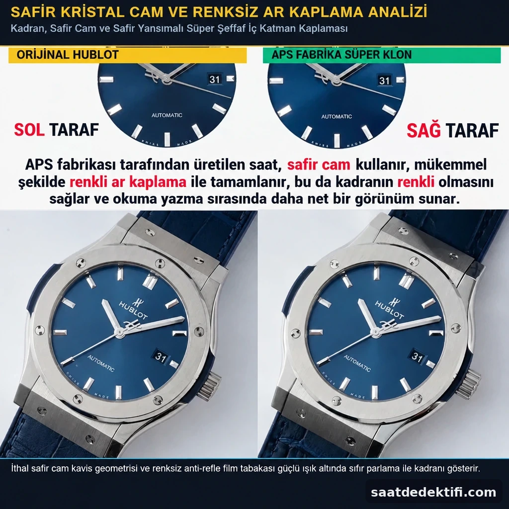 APS Factory Hublot Classic Fusion kavisli safir cam ve iç AR kaplama yansıma testi