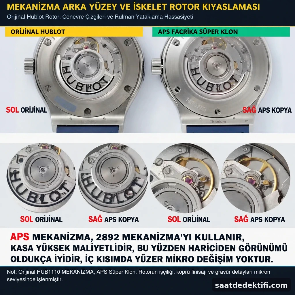 Arka kapaktan görülen APS Factory Hublot klon mekanizma ve rotor
