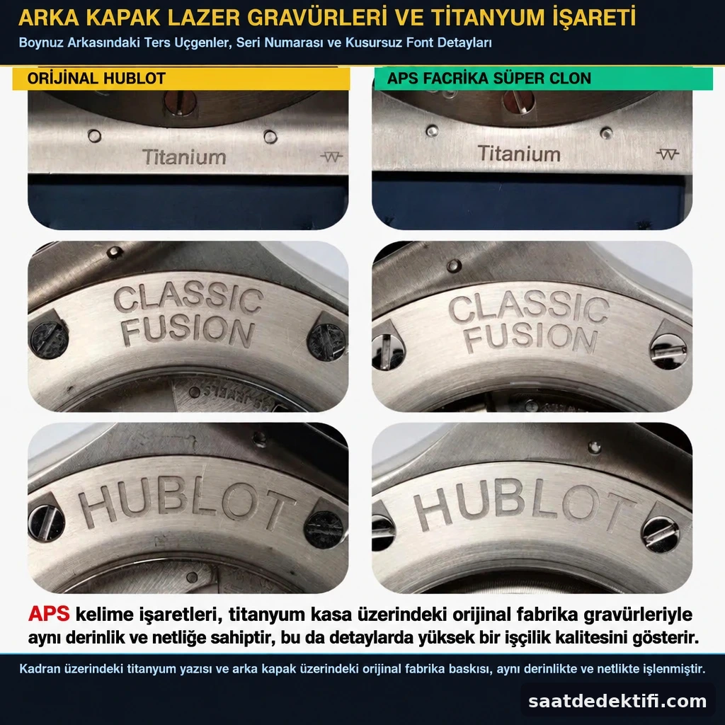 APS Factory Hublot Classic Fusion arka kapak lazer gravürleri ve Titanium ibaresi