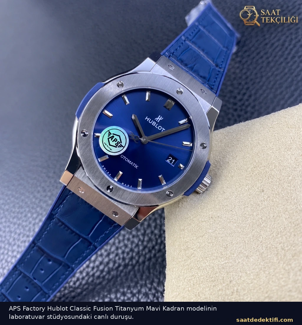 APS Factory Hublot Classic Fusion titanyum mavi kadran stüdyo çekimi