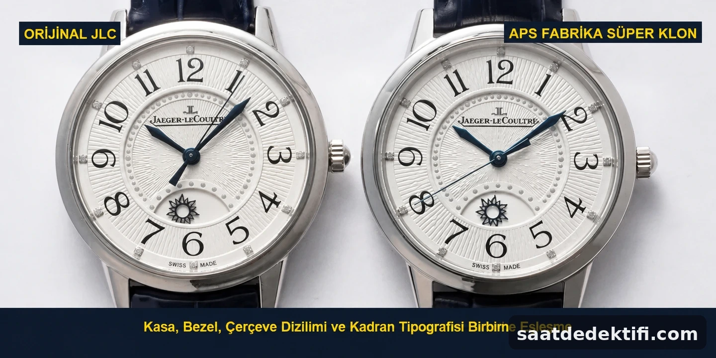 Elmas bezel taş dizilimi ve çiçeksi Arap rakamların orijinalle yan yana karşılaştırması