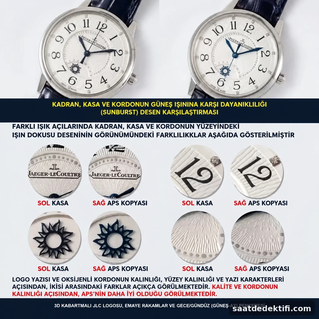 Üç boyutlu JLC logosu, emaye floral rakamlar ve gece gündüz hilal penceresinin mikro detayı