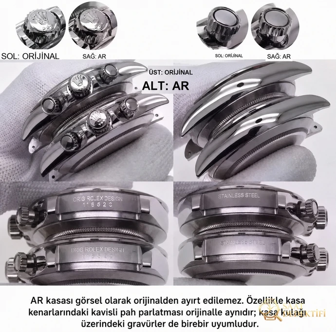 AR Factory Rolex Daytona ve N Factory 4130 mekanizmalı replika: Hangisi daha iyi? Orijinalle karşılaştırmalı inceleme - Kadran Tipografisi ve Yazı Kabartmaları