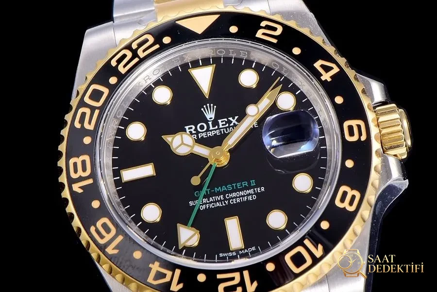 AR Factory Rolex GMT-Master II serisi 116713 altın-çelik model saat incelemesi - Kadran Detayı ve Bezel İşçiliği