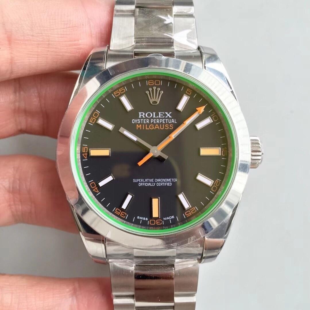AR Factory Rolex Turuncu Şimşek İbre Yeşil Cam MILGAUSS Serisi m116400gv Antimanyetik Takvimsiz Replika Saat Mavi/Siyah Kadran İncelemesi — 4. fotoğraf