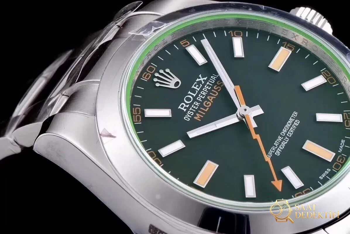 AR Factory Rolex Turuncu Şimşek İbre Yeşil Cam MILGAUSS Serisi m116400gv Antimanyetik Takvimsiz Replika Saat Mavi/Siyah Kadran İncelemesi - Makro Kadran ve İndeks İşçiliği