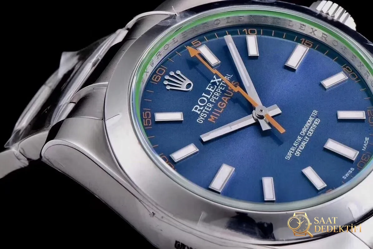 AR Factory Rolex Turuncu Şimşek İbre Yeşil Cam MILGAUSS Serisi m116400gv Antimanyetik Takvimsiz Replika Saat Mavi/Siyah Kadran İncelemesi - Klips Kilidi ve Lazer Damgalar