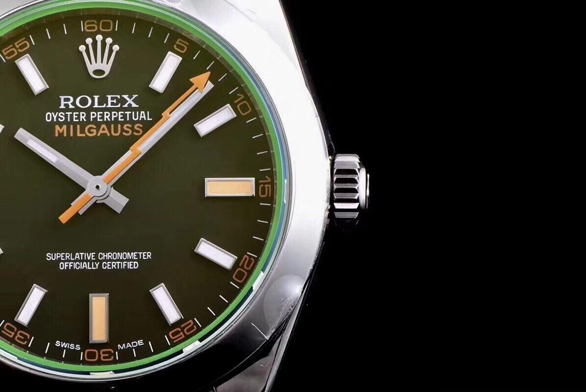 AR Factory Rolex Turuncu Şimşek İbre Yeşil Cam MILGAUSS Serisi m116400gv Antimanyetik Takvimsiz Replika Saat Mavi/Siyah Kadran İncelemesi — 8. fotoğraf