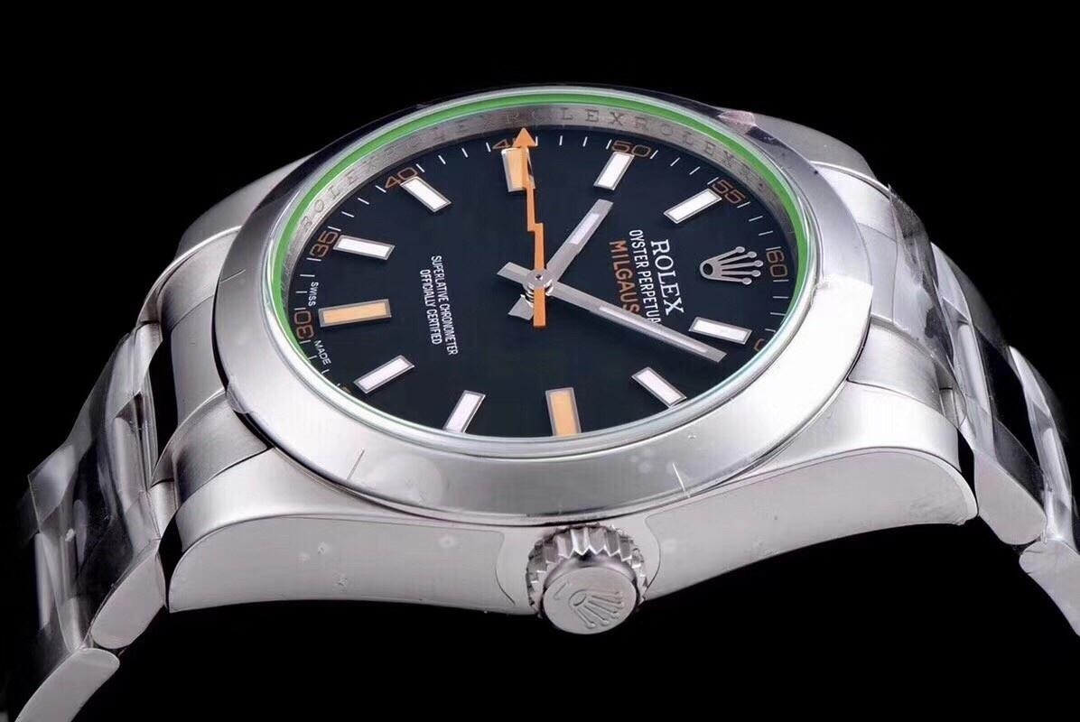 AR Factory Rolex Turuncu Şimşek İbre Yeşil Cam MILGAUSS Serisi m116400gv Antimanyetik Takvimsiz Replika Saat Mavi/Siyah Kadran İncelemesi — 11. fotoğraf