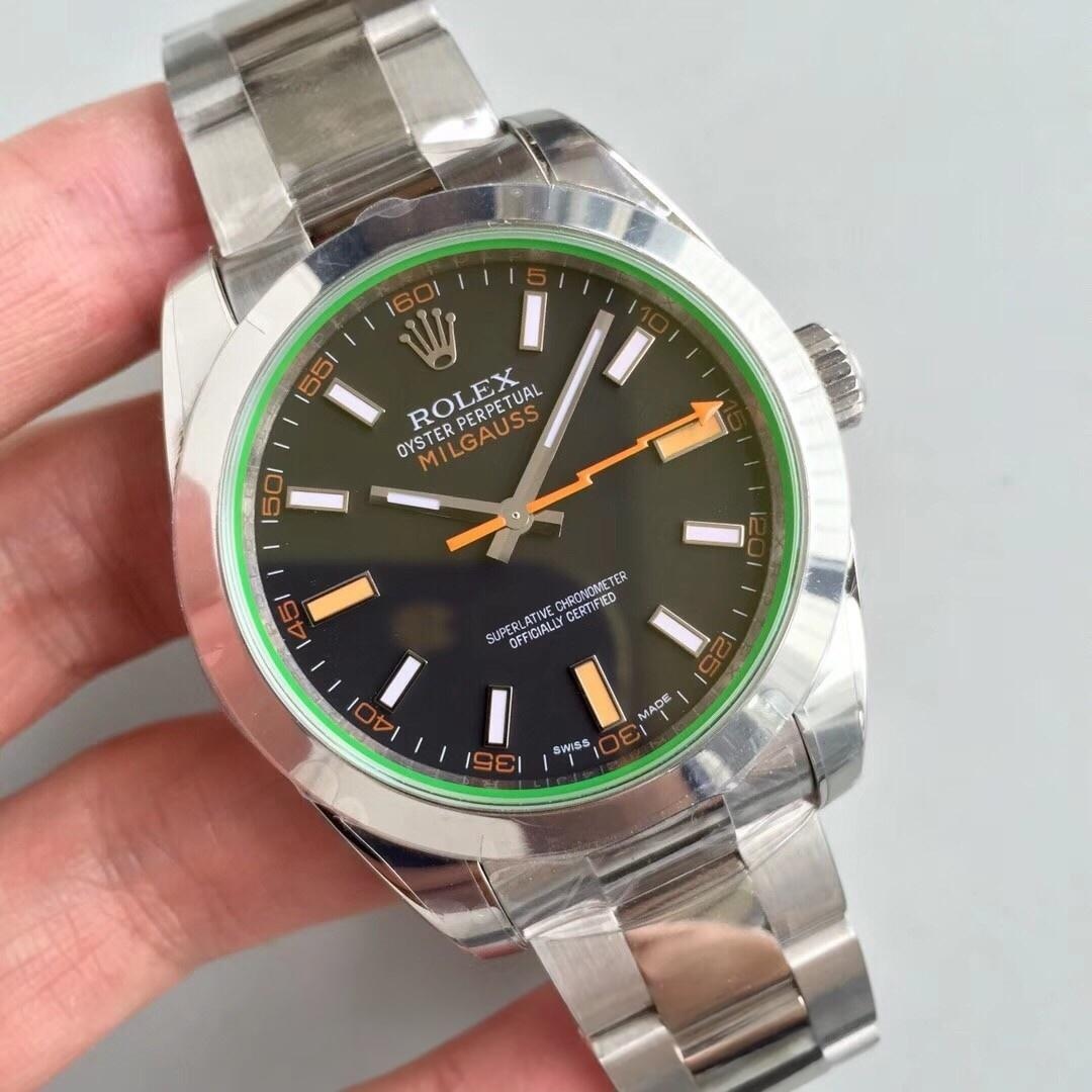 AR Factory Rolex Turuncu Şimşek İbre Yeşil Cam MILGAUSS Serisi m116400gv Antimanyetik Takvimsiz Replika Saat Mavi/Siyah Kadran İncelemesi — 13. fotoğraf