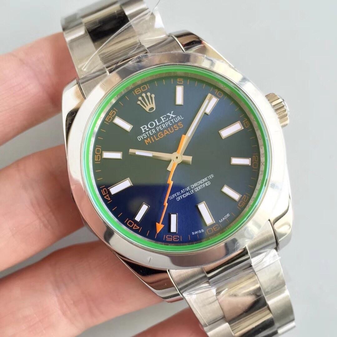 AR Factory Rolex Turuncu Şimşek İbre Yeşil Cam MILGAUSS Serisi m116400gv Antimanyetik Takvimsiz Replika Saat Mavi/Siyah Kadran İncelemesi — 14. fotoğraf