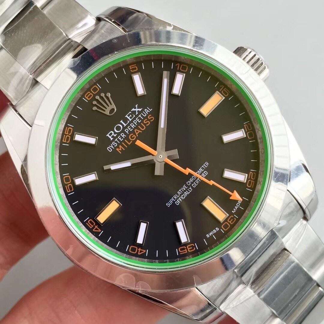 AR Factory Rolex Turuncu Şimşek İbre Yeşil Cam MILGAUSS Serisi m116400gv Antimanyetik Takvimsiz Replika Saat Mavi/Siyah Kadran İncelemesi — 19. fotoğraf