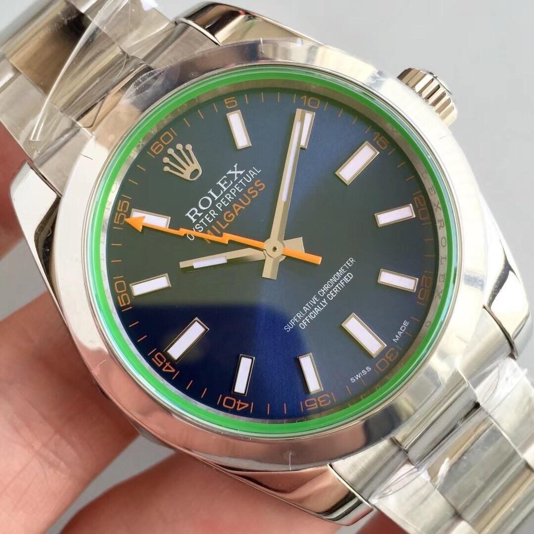 AR Factory Rolex Turuncu Şimşek İbre Yeşil Cam MILGAUSS Serisi m116400gv Antimanyetik Takvimsiz Replika Saat Mavi/Siyah Kadran İncelemesi — 20. fotoğraf