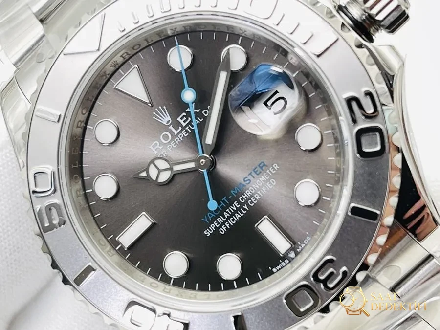 AR Factory Rolex Yacht-Master ithal 904L gri kadran mavi akrep 116622 yat saati incelemesi - Kadran Detayı ve Bezel İşçiliği