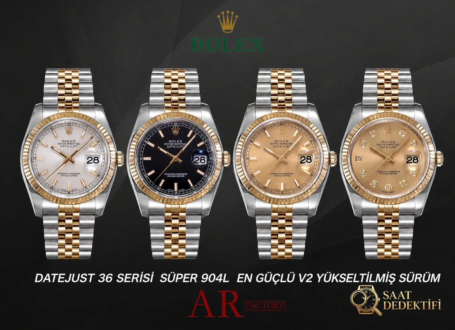 AR Factory V2 sürümü Rolex Datejust 36 mm 904 çelik dişli bezel replika saat incelemesi - Kadran Detayı ve Bezel İşçiliği