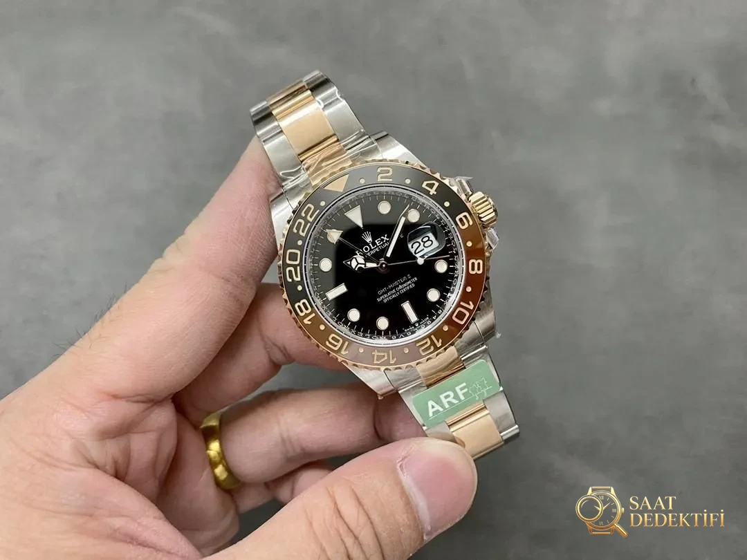 ARF Factory Rolex GMT İki Renkli Altın Root Beer Bezel Ağırlıklandırılmış Versiyon 176 Gram - Kadran Detayı ve Bezel İşçiliği