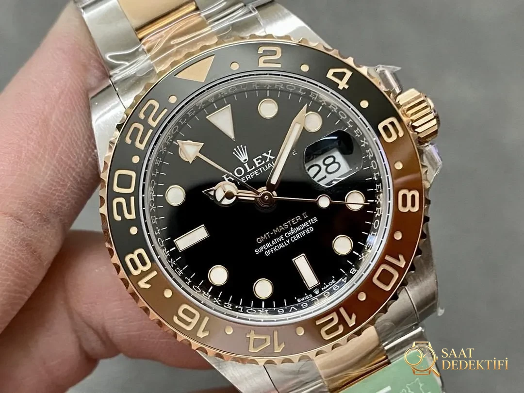 ARF Factory Rolex GMT İki Renkli Altın Root Beer Bezel Ağırlıklandırılmış Versiyon 176 Gram - Arka Kapak ve Mekanizma Detayı