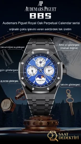 BBS Royal Oak Perpetual Calendar afişi: siyah seramik kasa, mavi kadran, takvim göstergeleri işaretli