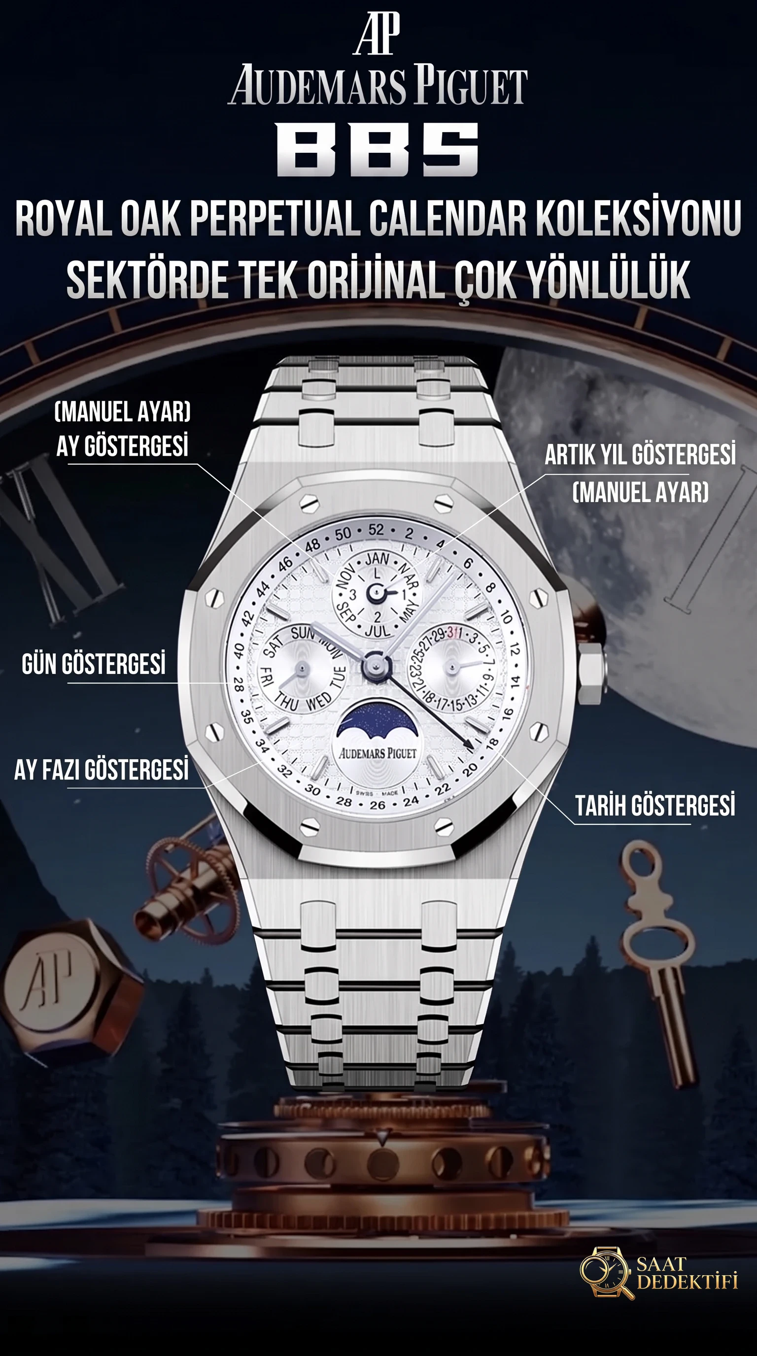 BBS Audemars Piguet Royal Oak Serisi, Komplike Fonksiyonlu Ebedi Takvim Kol Saati - Kasa Profili ve Kurma Kolu İncelemesi