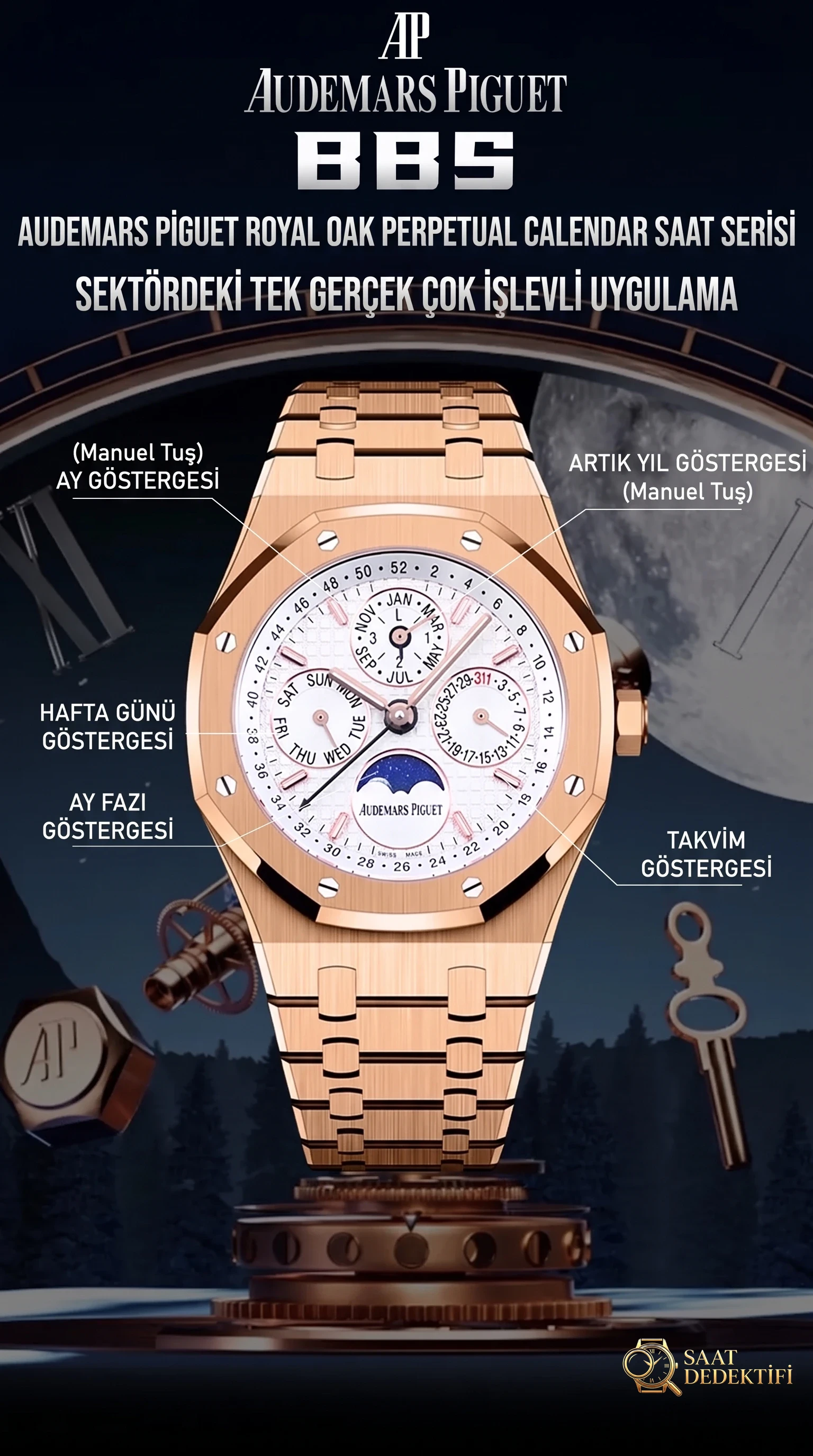 BBS Audemars Piguet Royal Oak Serisi, Komplike Fonksiyonlu Ebedi Takvim Kol Saati - Bilezik, Toka ve Klips Mekanizması