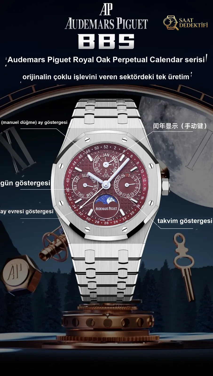 BBS Audemars Piguet Royal Oak Serisi, Komplike Fonksiyonlu Ebedi Takvim Kol Saati - Makro Kadran ve İndeks İşçiliği