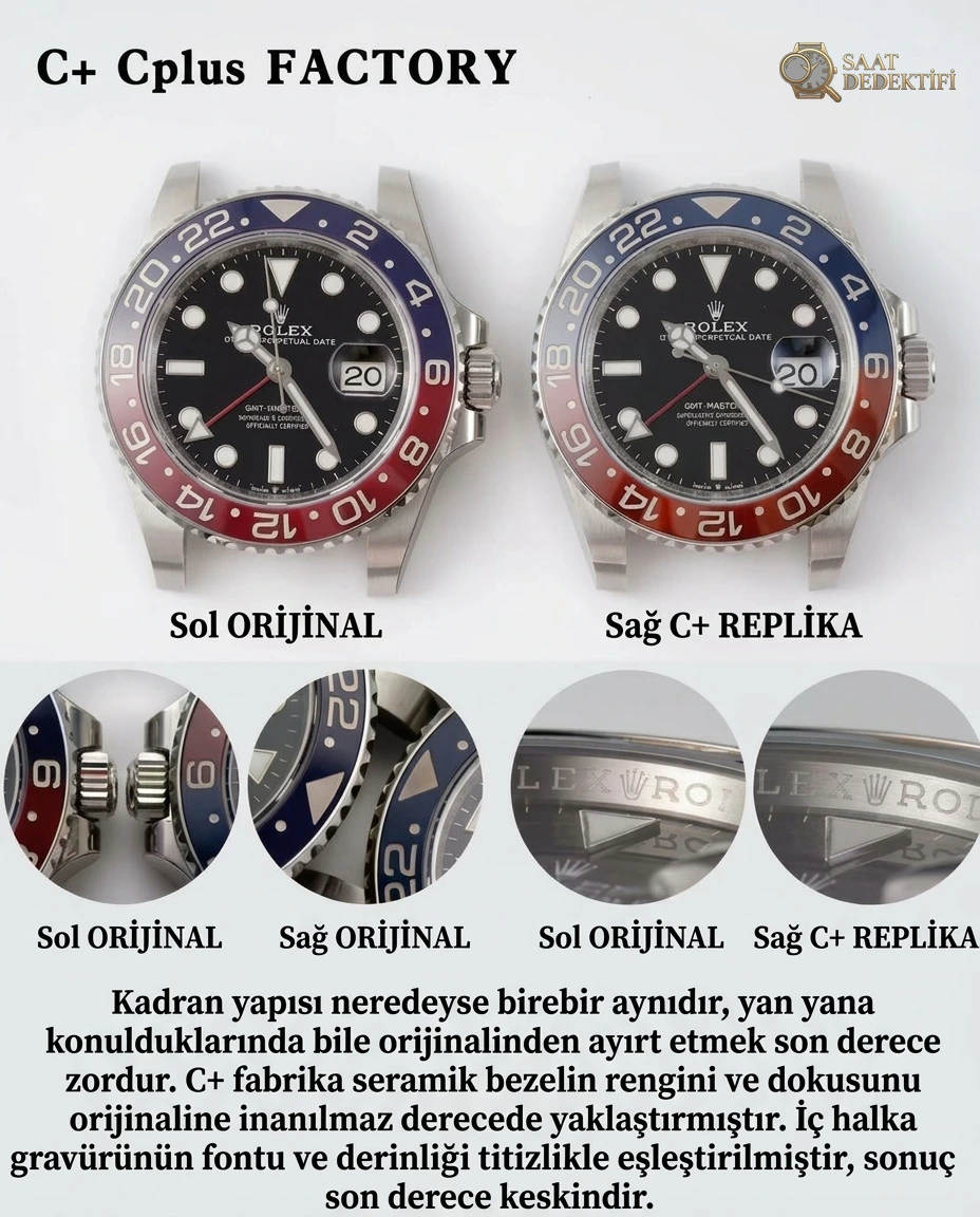 C+ Factory vs Orijinal Rolex GMT-Master II Pepsi 126710BLRO Karşılaştırması - Makro Laboratuvar ve Detay İncelemesi