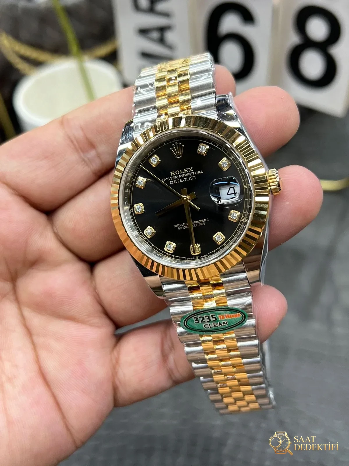 C Rolex Datejust serisi / 41 mm iki renkli altın siyah elmas kadran / Shanghai 3235 tabanlı Dandong tam otomatik mekanizma - Bilezik, Toka ve Klips Mekanizması
