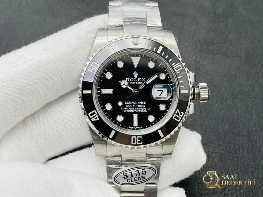Clean Rolex 2022 piyasadaki en üst versiyon Siyah Submariner 40 MM serisi kol saati - Kadran Detayı ve Bezel İşçiliği