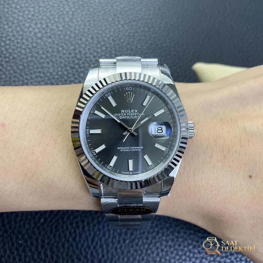 Clean Rolex Datejust Serisi m126334-0013 (Gri Kadran) Kol Saati - Kadran Detayı ve Bezel İşçiliği