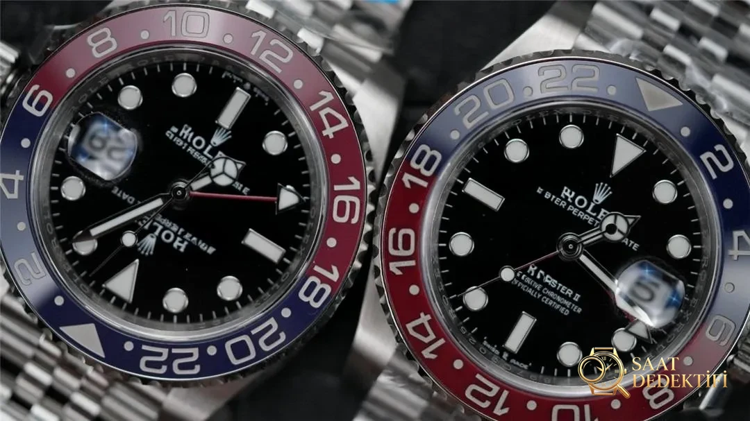 Clean Rolex GMT Kola Bezelinde v2 ile v2s Versiyonlarının Renk Karşılaştırması - Makro Kadran ve İndeks İşçiliği