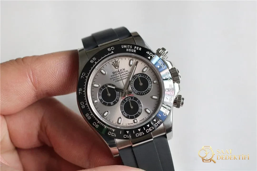 Clean Rolex gri kauçuk Daytona (Gri Ayı) 4130 mekanizmayla orijinaline rakip olabilir mi? - Kasa Profili ve Kurma Kolu İncelemesi