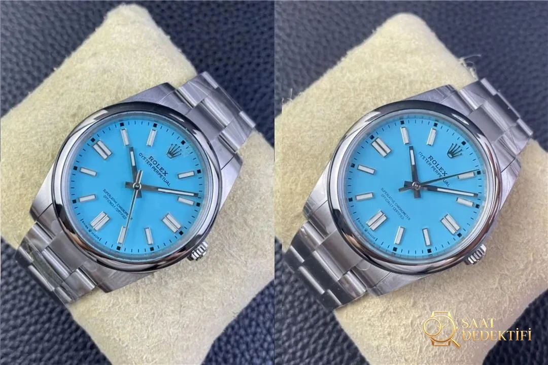 Clean Rolex Oyster Perpetual, VS Factory Perpetual Tiffany mavisi ile karşıya: Hangisi daha üstün? - Kadran Detayı ve Bezel İşçiliği