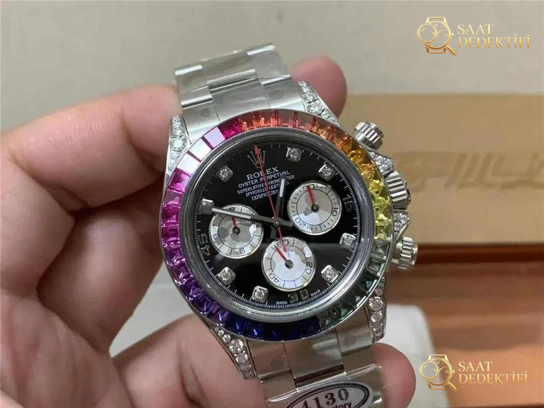 Clean Rolex Rainbow Daytona 4130 mekanizmalı modeli nereden satın alabilirim? - Kadran Detayı ve Bezel İşçiliği