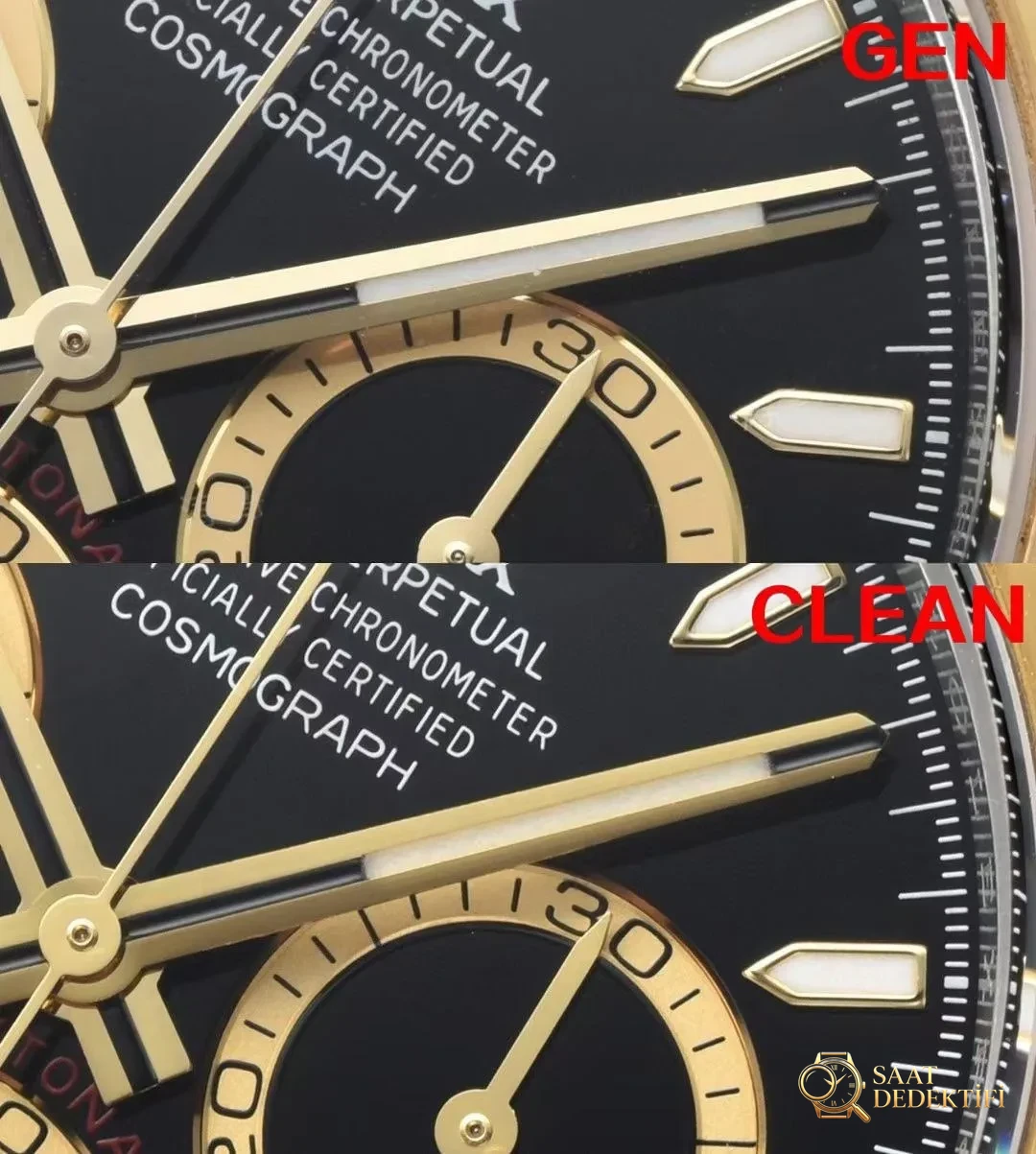 Clean/Clean Daytona çelik-altın 4131 mekanizma 126503 gerçek-replika karşılaştırması - Kadran Detayı ve Bezel İşçiliği