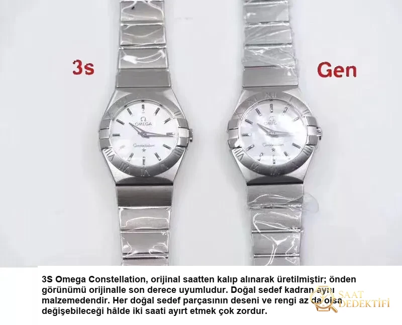 En Güncel 3S (SSS) Fabrikası Omega Constellation Orijinal Mekanizma 27 MM Kuvars Kadın Replika Saat Gerçek-Replika Karşılaştırması ve Orijinal İnceleme - Yan Profil ve Kordon Bağlantısı