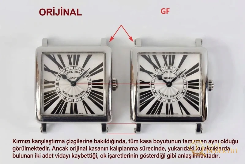 GF Franck Muller Master Square 6002M ile orijinal önden, ölçü çizgileri