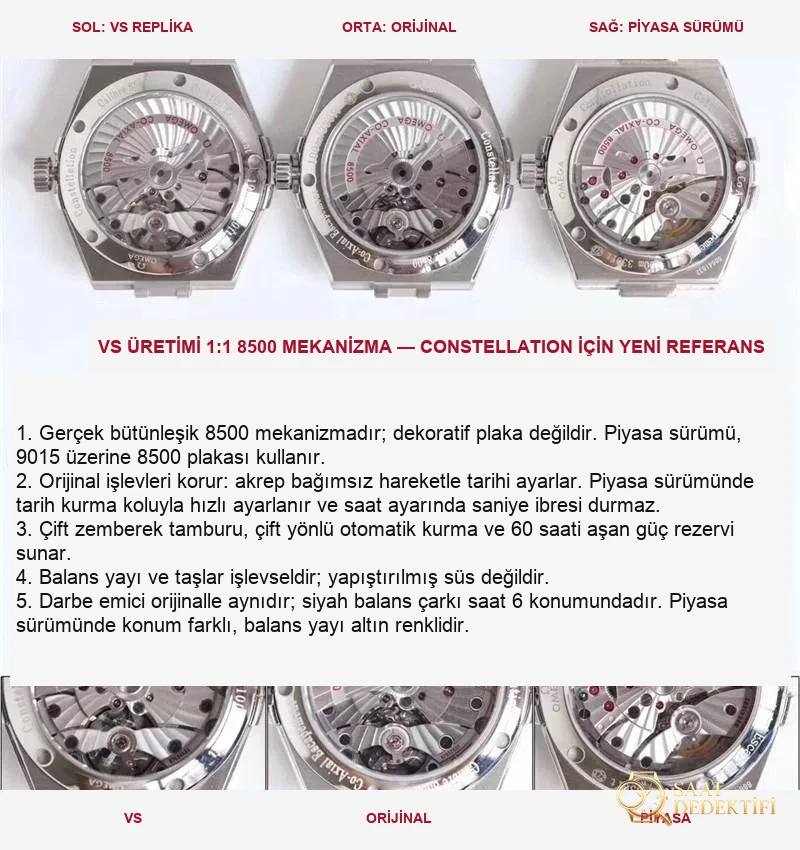 En üst versiyon VS Factory Omega Constellation - orijinal ve diğer replika versiyonlarla karşılaştırmalı inceleme - Mekanizma Zemberek ve Balans Detayı
